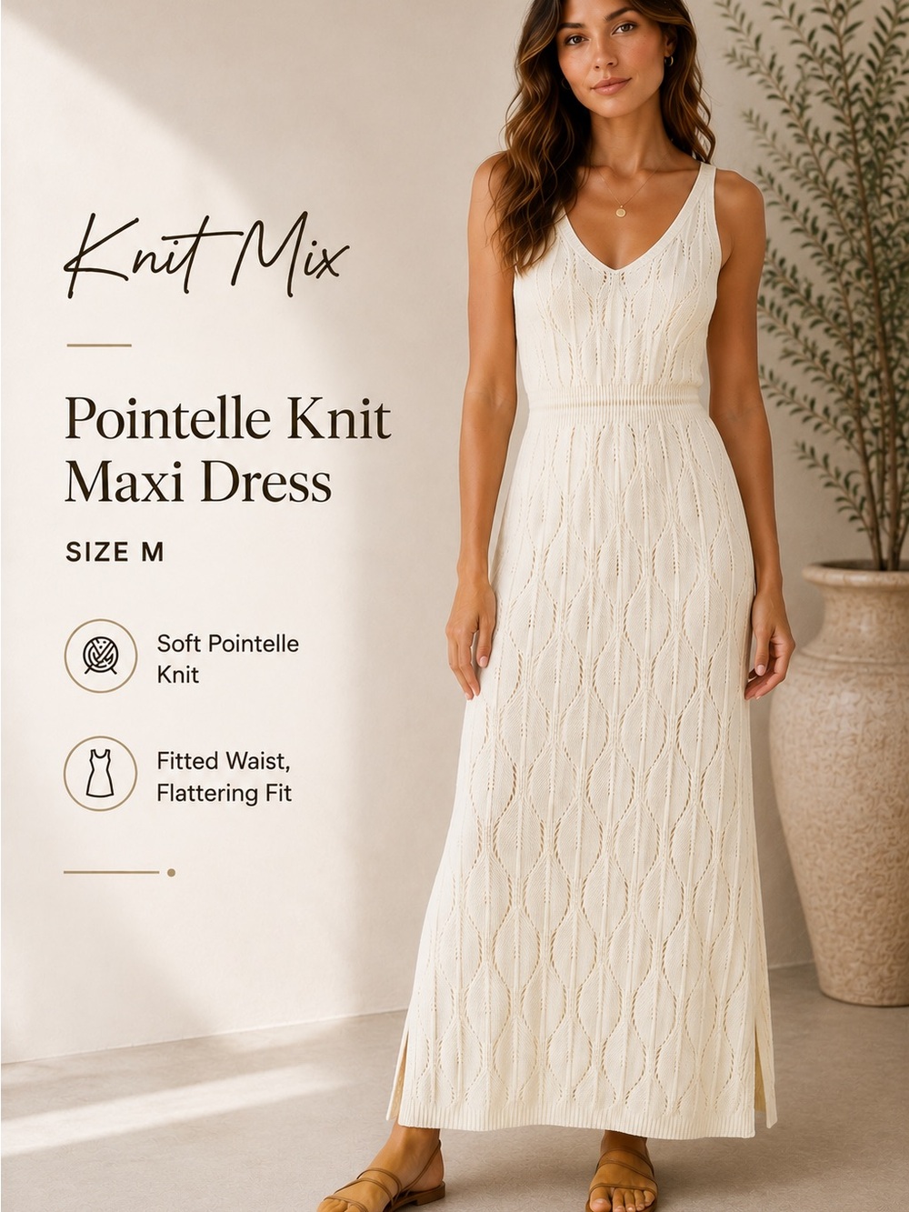 Knit Mix Ivory Pointelle Open Knit Maxi Dress Size M